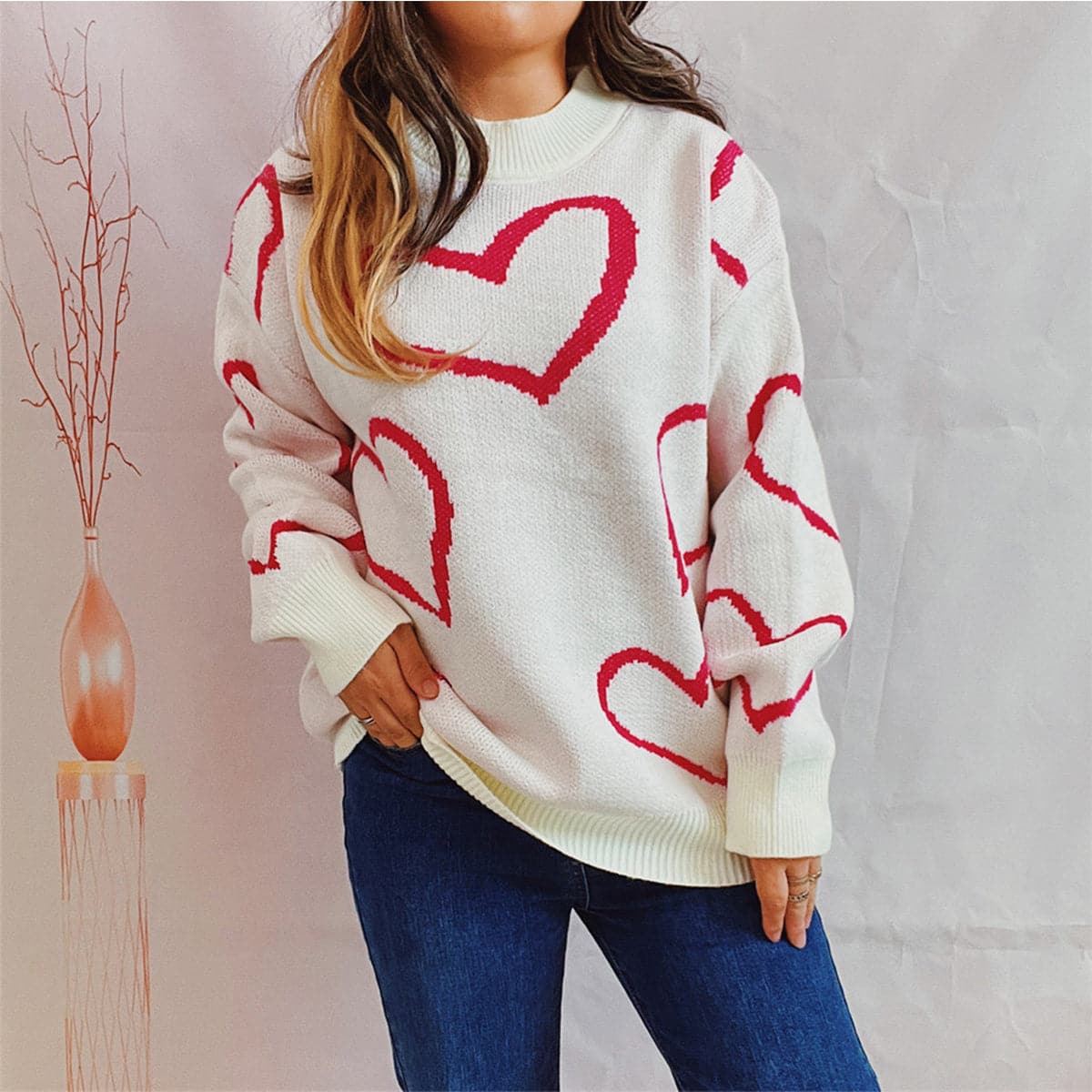 Heart Pattern Long Sleeve Sweater.