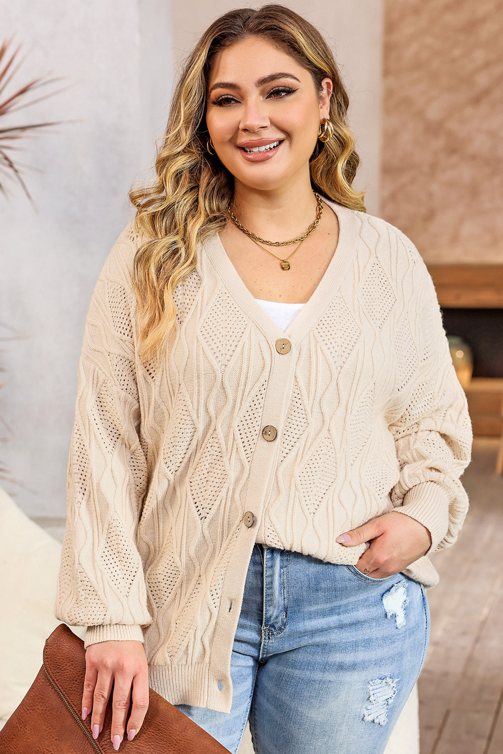 Chic apricot plus size knitted cardigan with hollow-out details