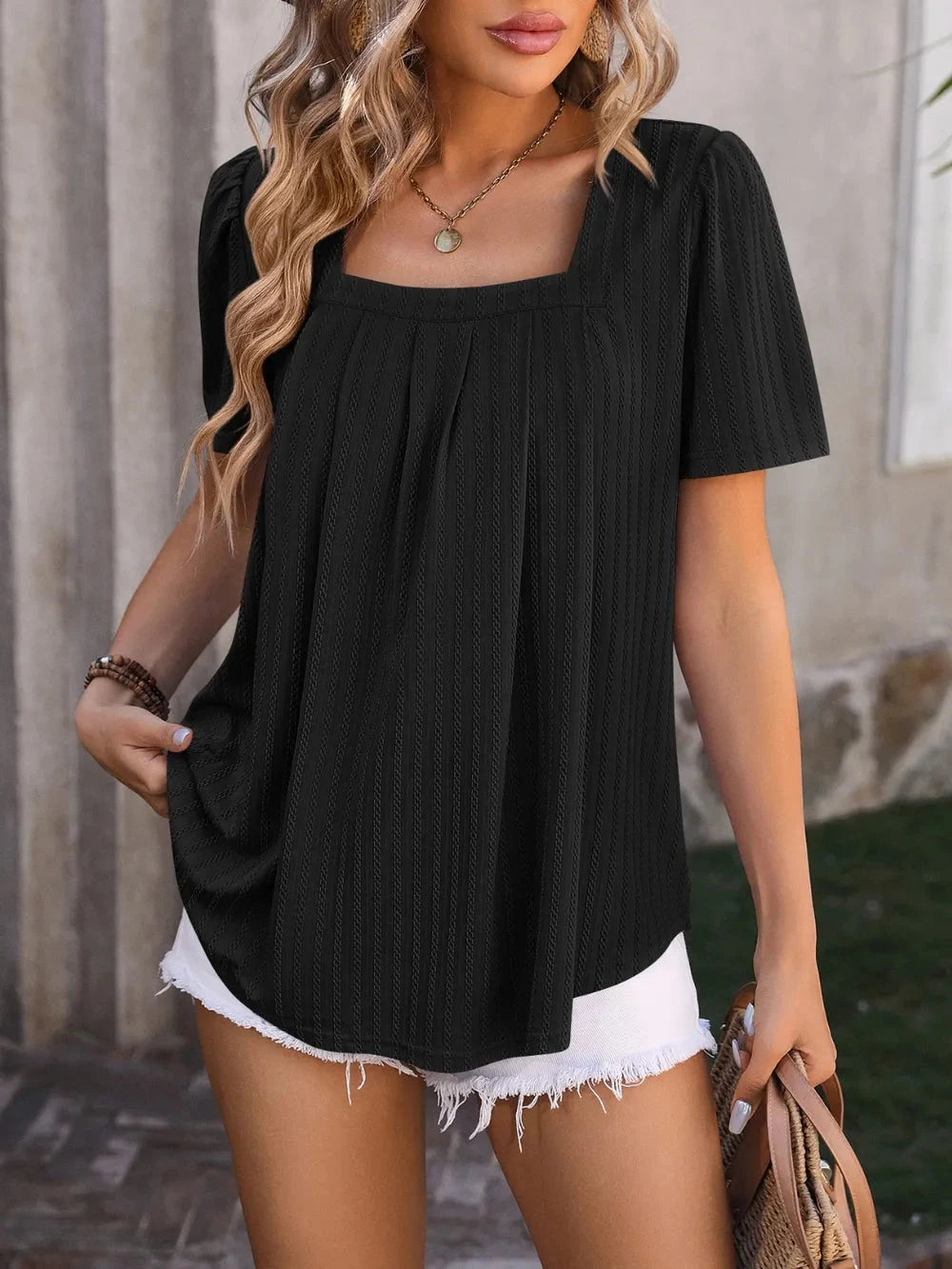 Mandy Ruched Square Neck Short Sleeve Blouse Coco’s Tee Boutique