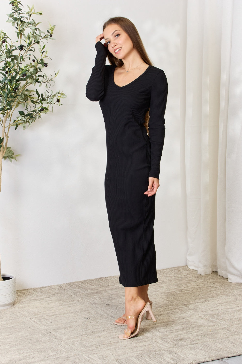 Culture Code Full Size Ribbed Long Sleeve Midi Slit Dress Coco’s Tee Boutique