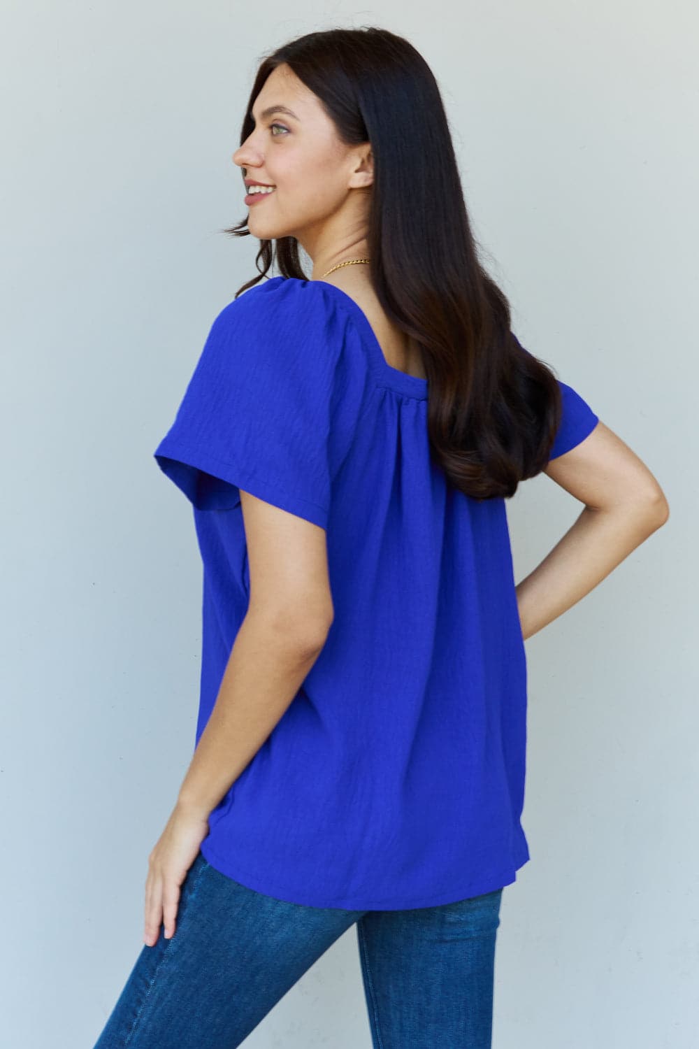 Ninexis Keep Me Close Square Neck Short Sleeve Blouse in Royal.