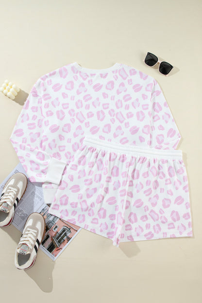 Chic pink leopard print lounge set with long sleeves and shorts