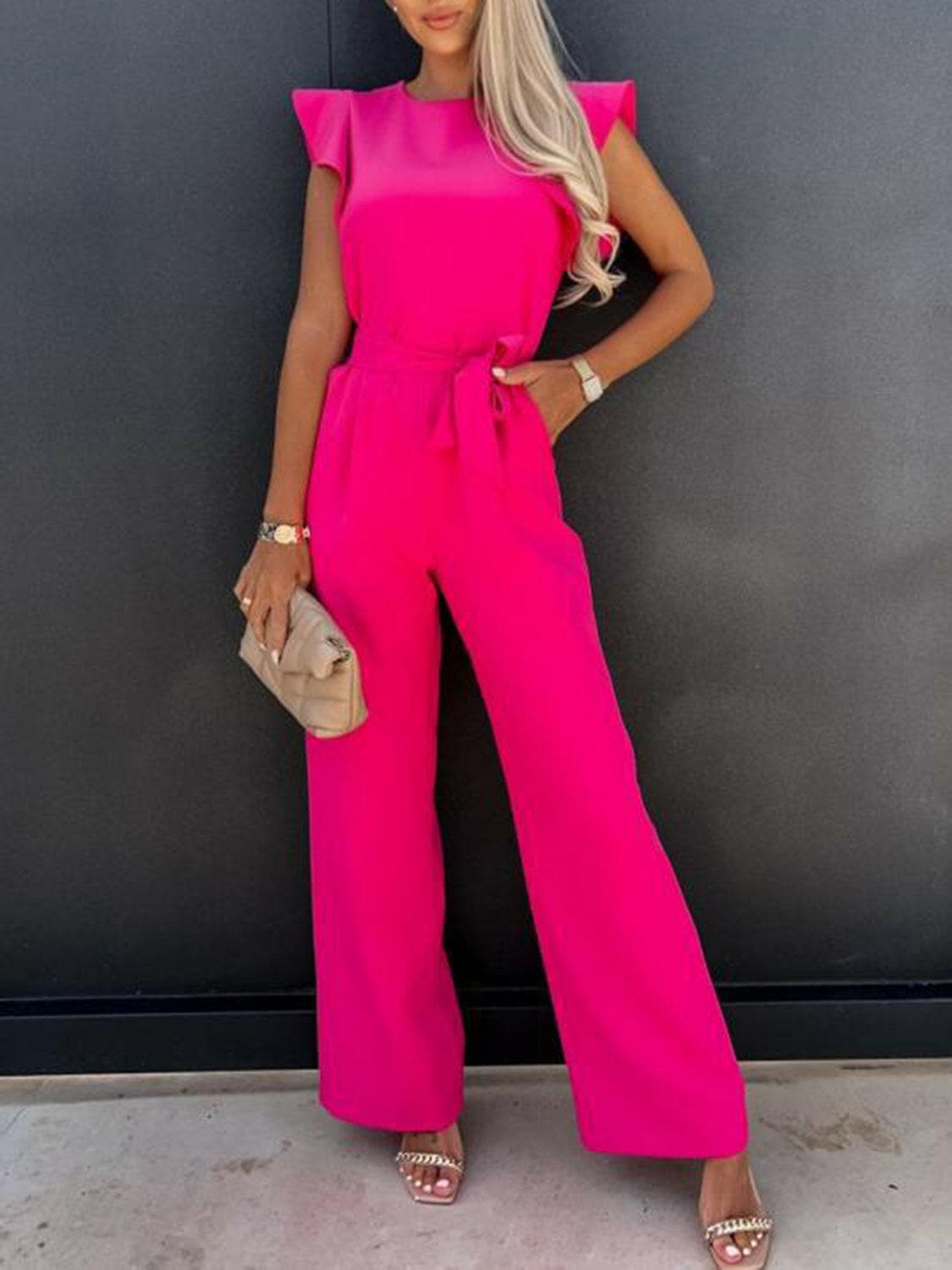 Ruffled Round Neck Cap Sleeve Jumpsuit.