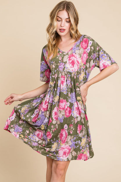 BOMBOM Flower Print V-Neck Ruched Dress.