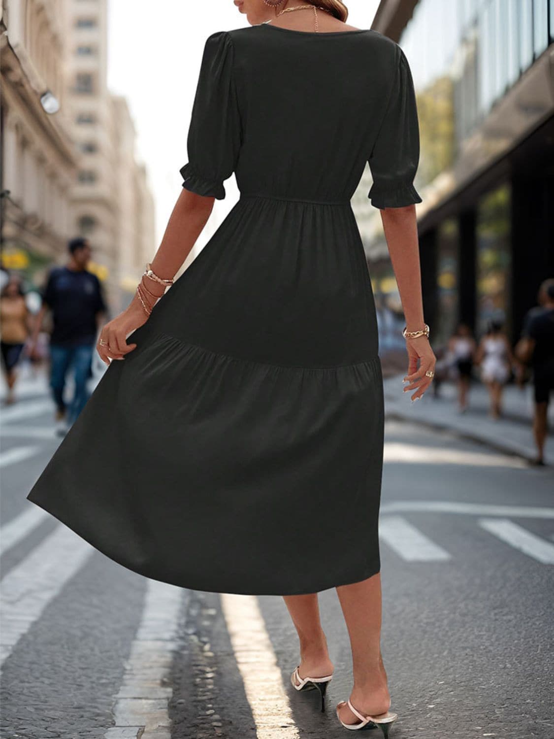 Ruched V-Neck Half Sleeve Midi Dress.