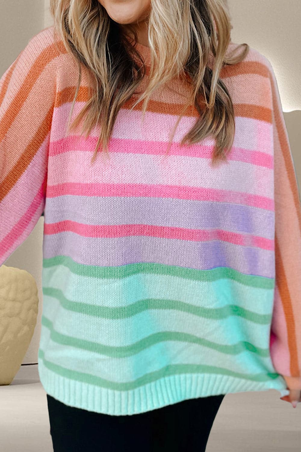 Contrast Striped Round Neck Long Sleeve Knit Top.