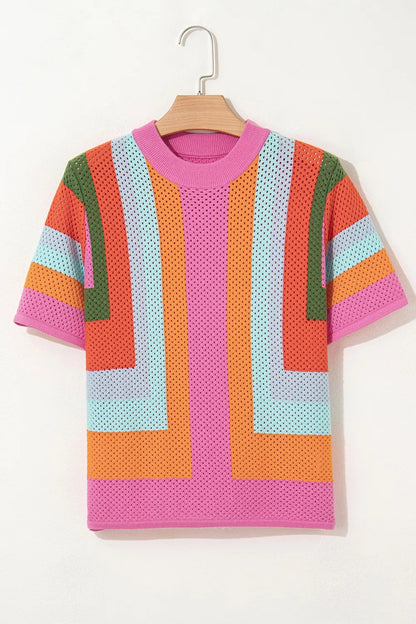 Color Block Eyelet Casual Knit Top