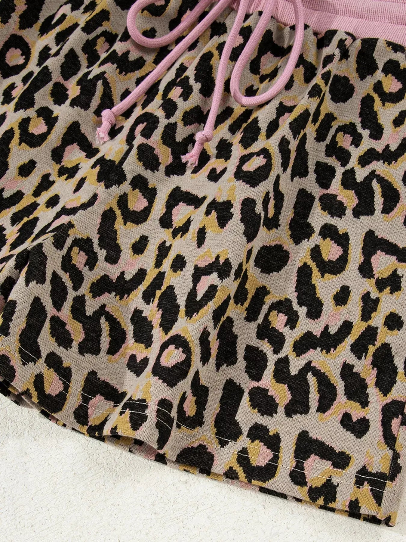 Leopard Print Lounge Set With Pink Trim Drawstring Shorts And Long Sleeve Top Simply Love