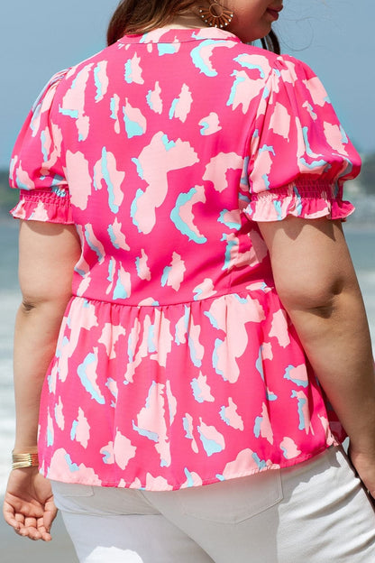 Plus Size Ruffled Printed Notched Short Sleeve Blouse.