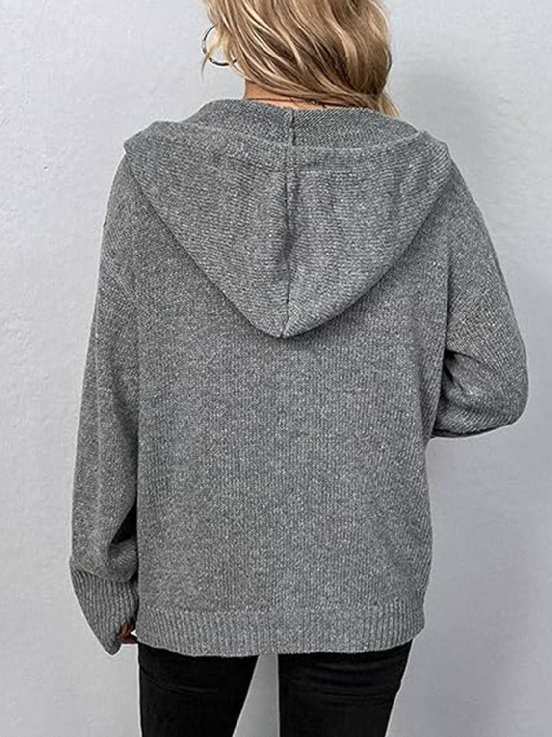 Button Up Drawstring Long Sleeve Hooded Cardigan.