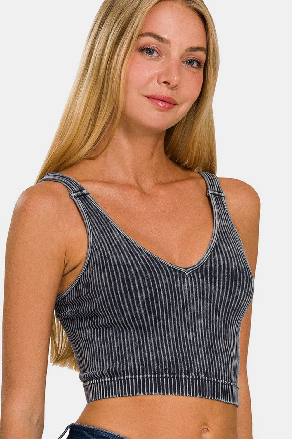 Zenana Washed Ribbed Cropped V-Neck Tank.