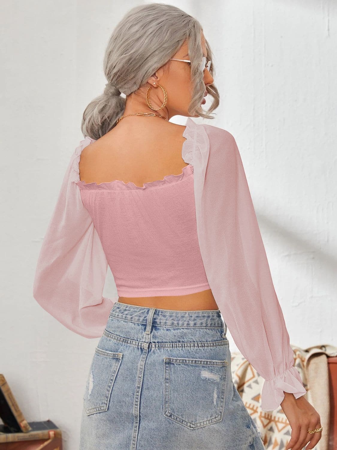 Mesh Sweetheart Neck Flounce Sleeve Top.