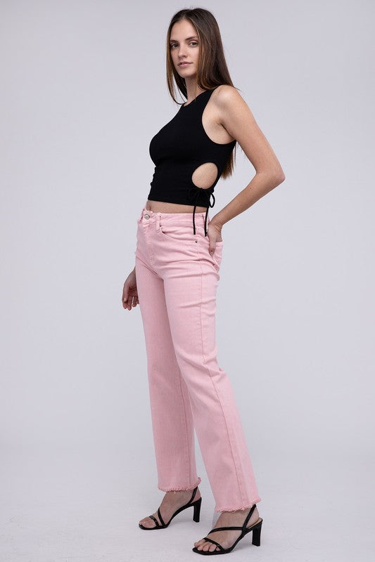 Trendy acid wash frayed hem wide-leg pants