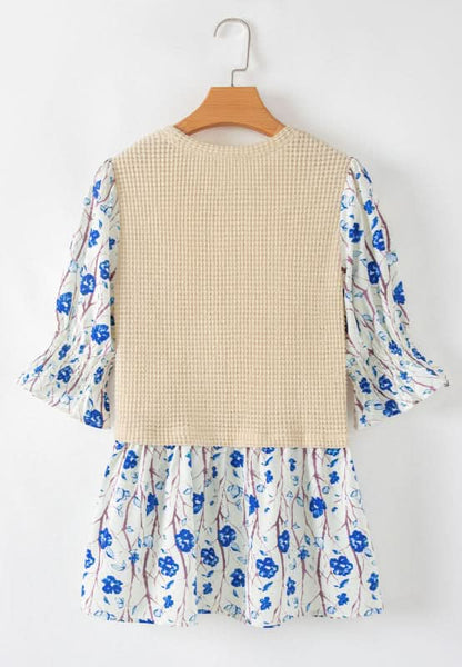 Printed Waffle-Knit Flounce Sleeve Blouse with Round Neck