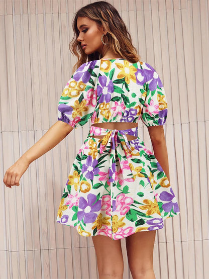 Printed Surplice Short Sleeve Dress.