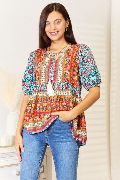 Bohemian Tassel Tie Puff Sleeve Babydoll Blouse.