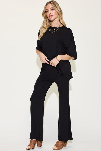 Bamboo bliss: Relaxed drop shoulder tee and flare pants set