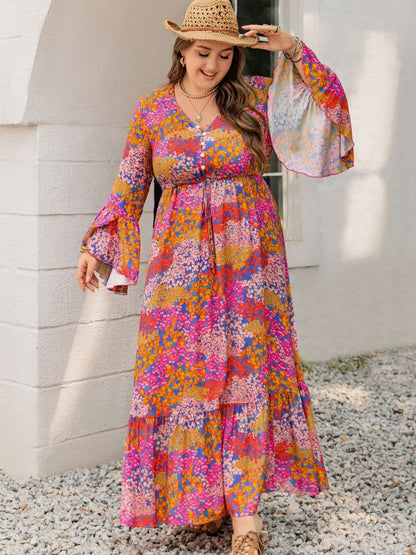 Plus Size Printed V-Neck Long Sleeve Maxi Dress.