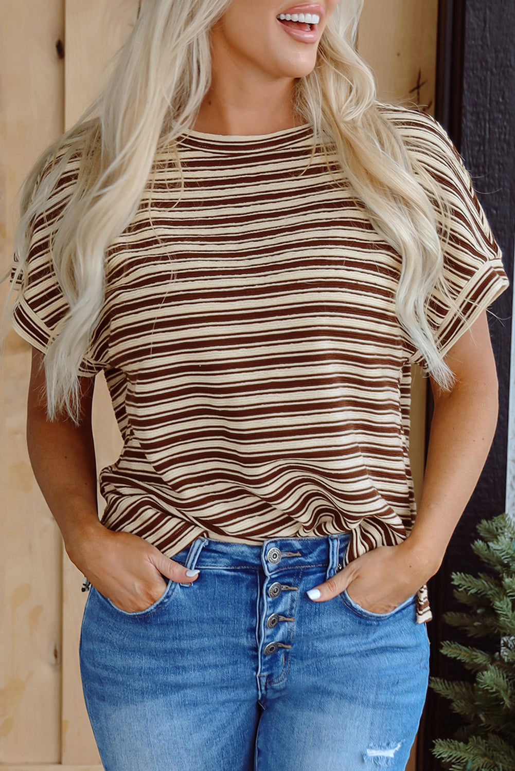 Brown Stripe Textured Side Slits Crew Neck T Shirt for Women