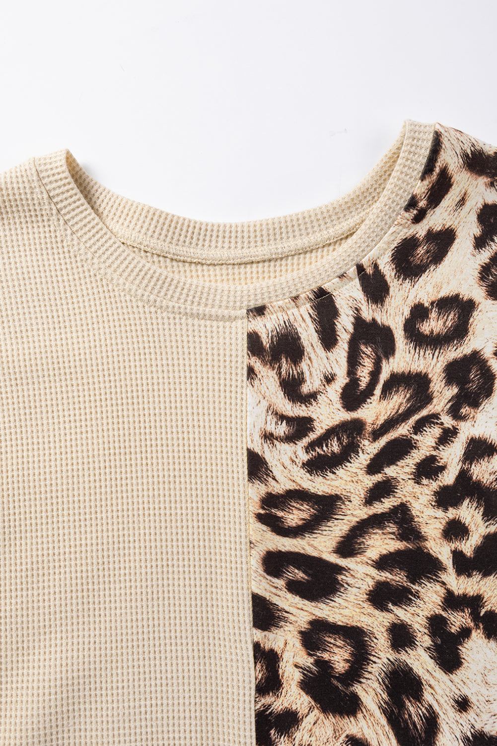 Chic pale khaki leopard colorblock waffle knit top with patch pocket