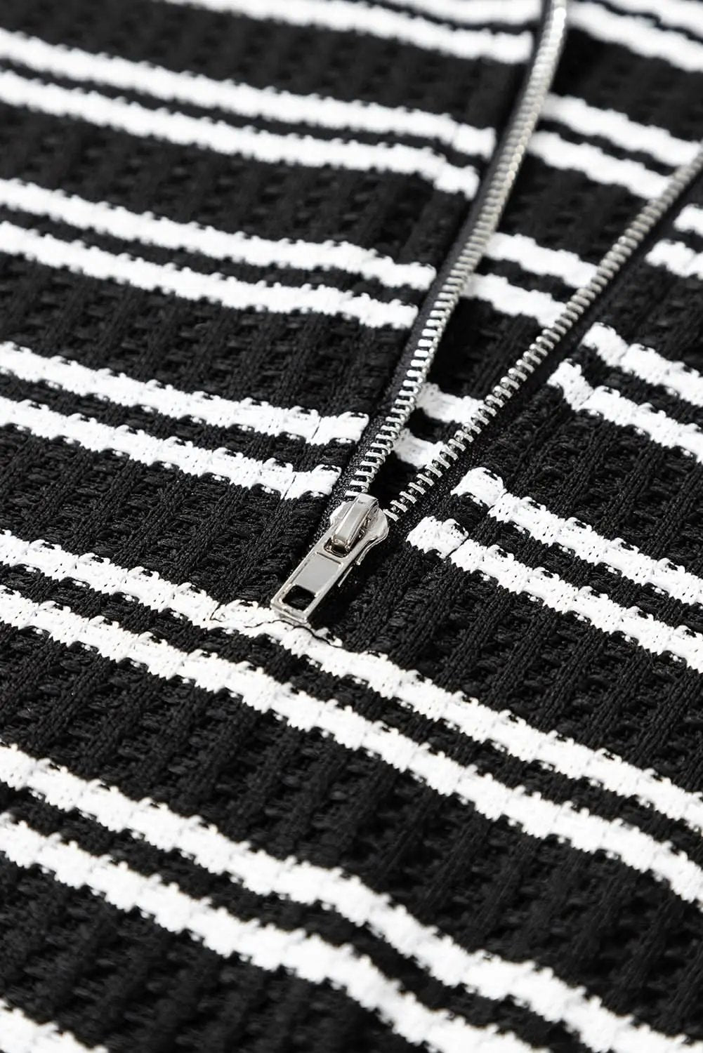 Black Stripe Textured Quarter Zip Collar Long Sleeve Top - Love Salve 