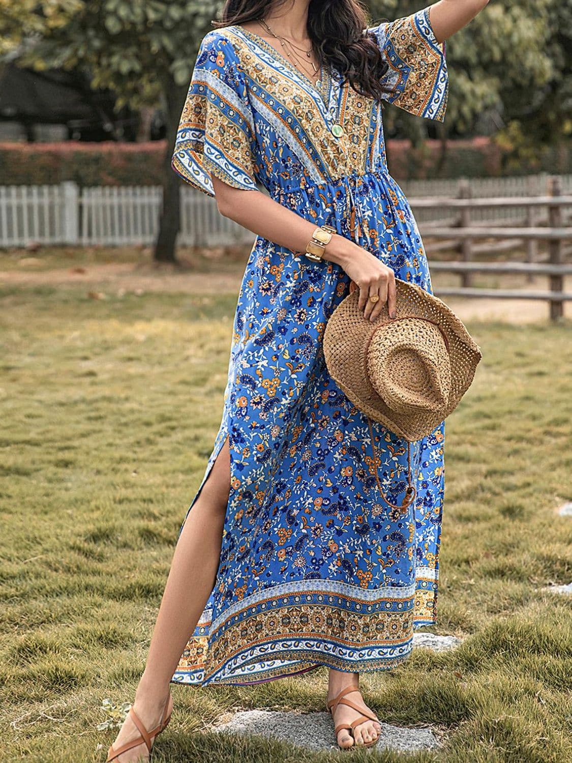 Slit Printed V-Neck Half Sleeve Maxi Dress.