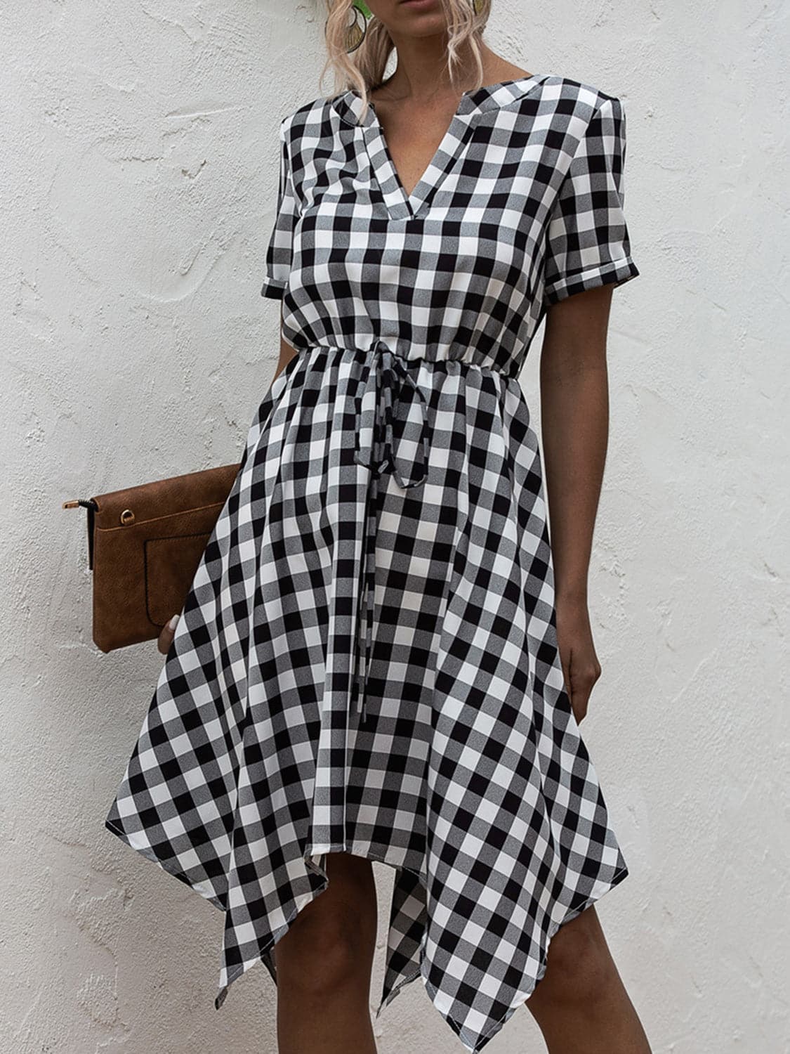 Plaid Notched Short Sleeve Dress.