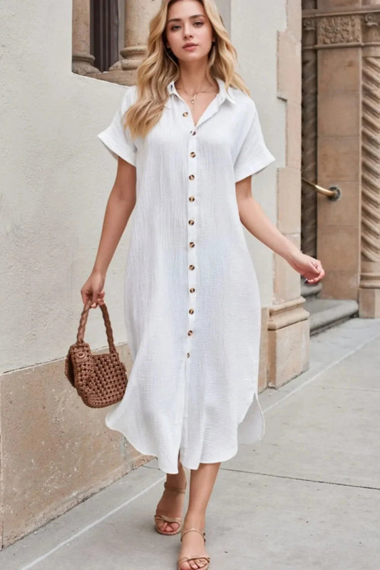 Button Down Short Sleeve Midi Shirt Dress Simply Love