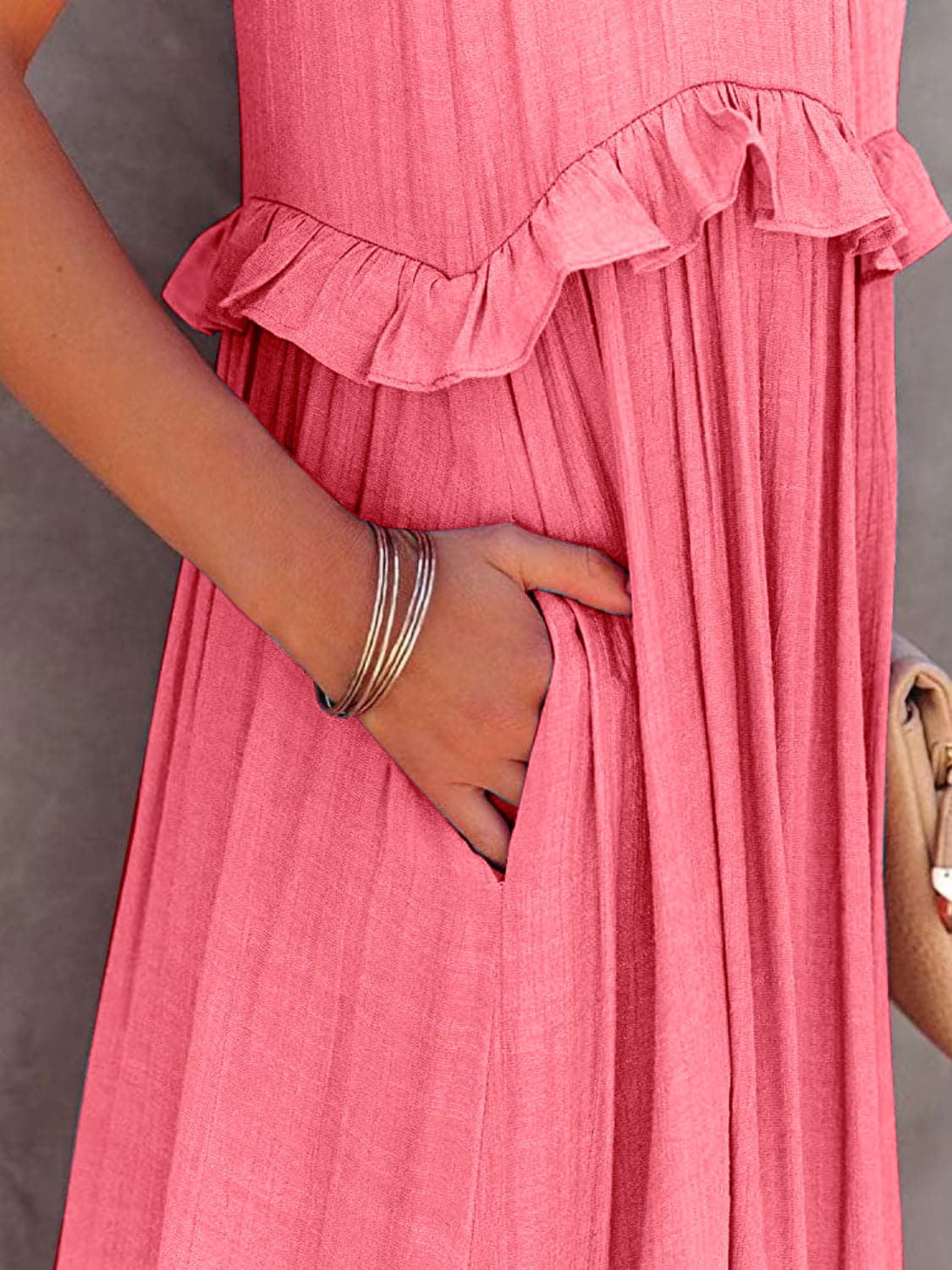 Ruffled Sleeveless Tiered Maxi Dress with Pockets.