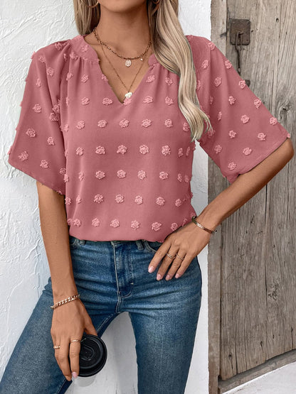 Swiss Dot Notched Half Sleeve Blouse.