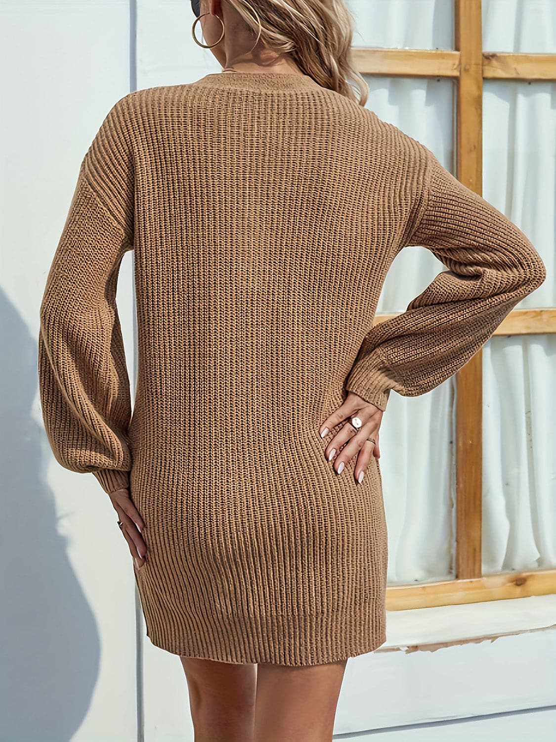 V-Neck Dropped Shoulder Mini Sweater Dress.