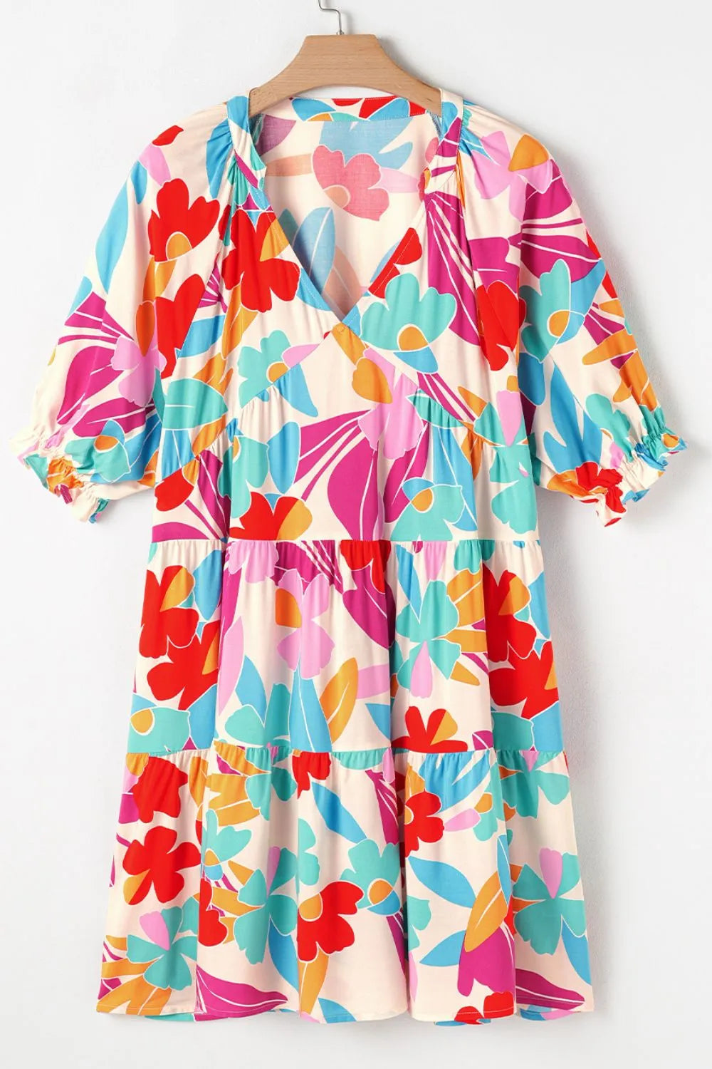 Floral Bubble Sleeve V Neck Tiered Ruffle Babydoll Dress