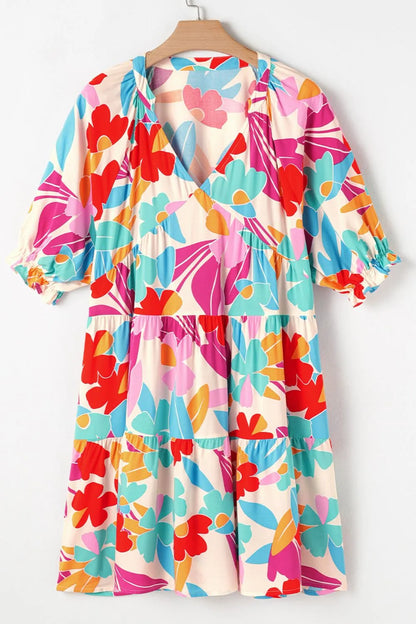 Floral Bubble Sleeve V Neck Tiered Ruffle Babydoll Dress