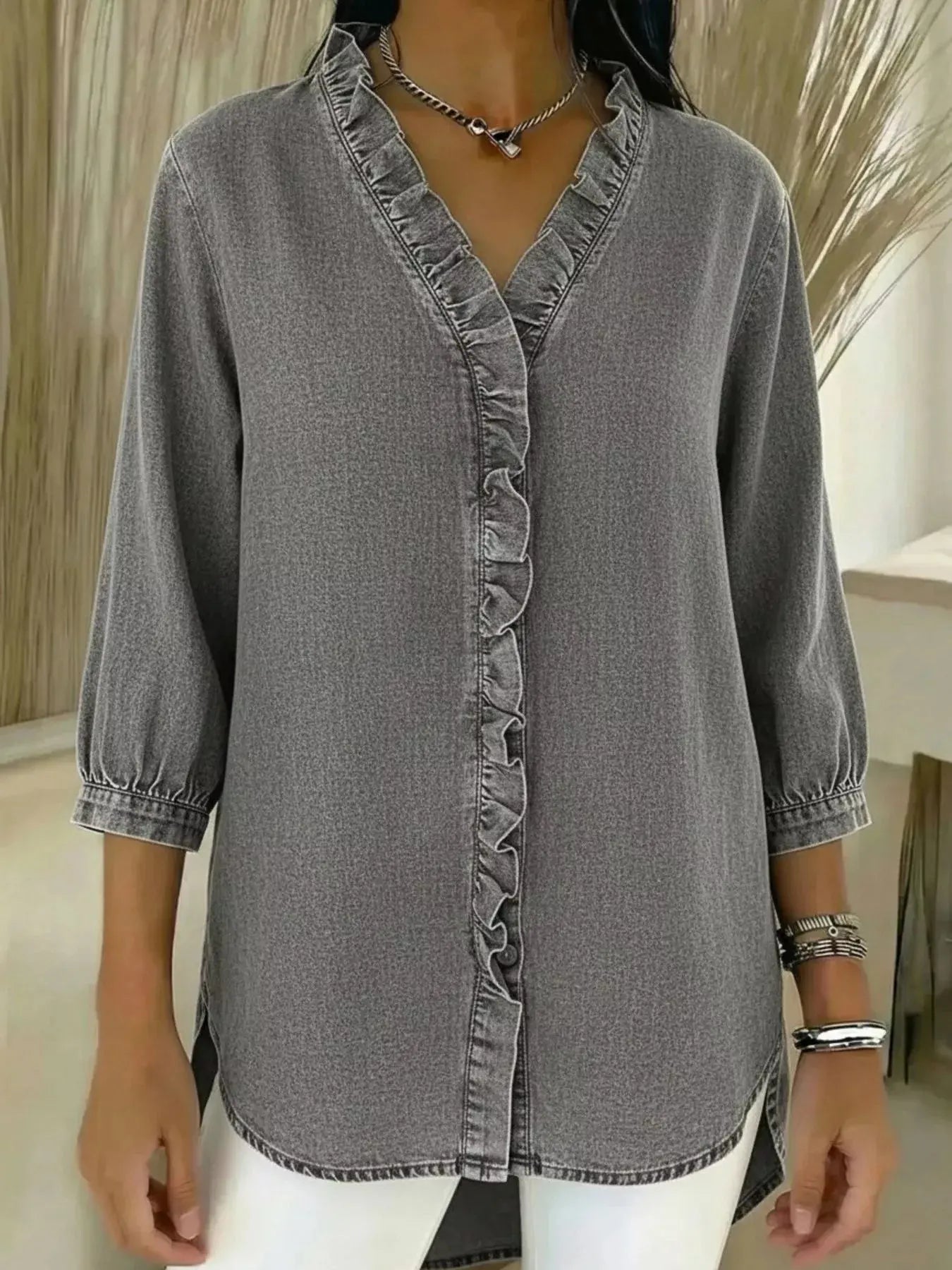 Full Size V-Neck Ruffled Button Down Shirt Plus Size Simply Love
