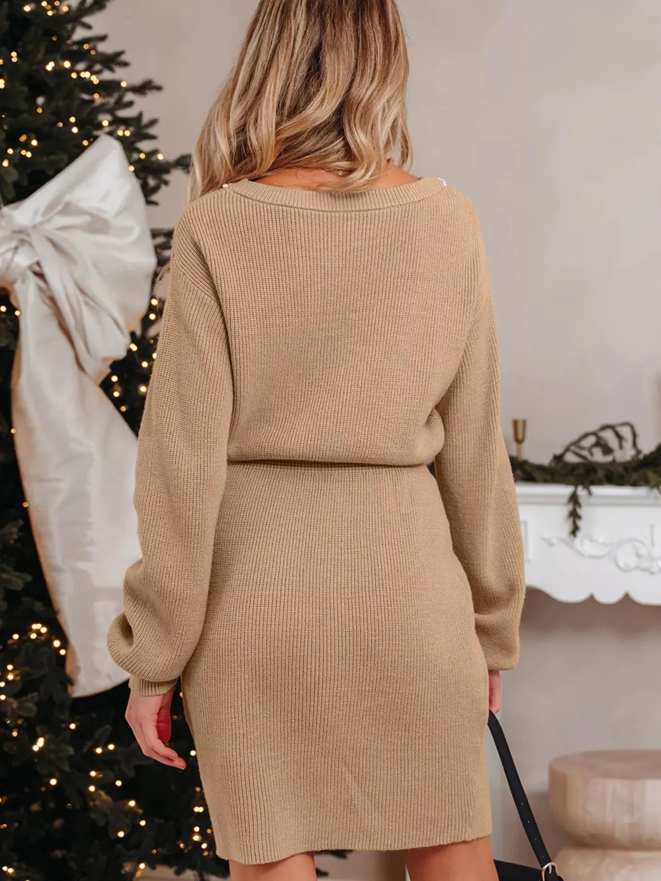 Pearl Embellished Keyhole Ribbed Sweater Dress Simply Love