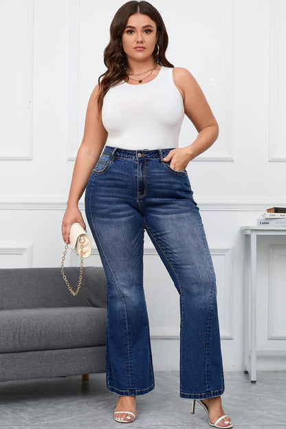 Vintage-inspired dark blue plus size washed flare jeans