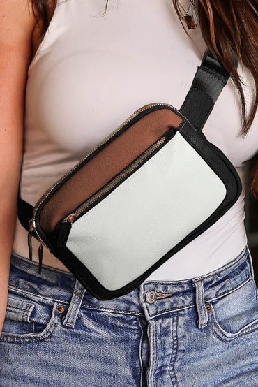 Chic white leather colorblock crossbody bag with removable clip