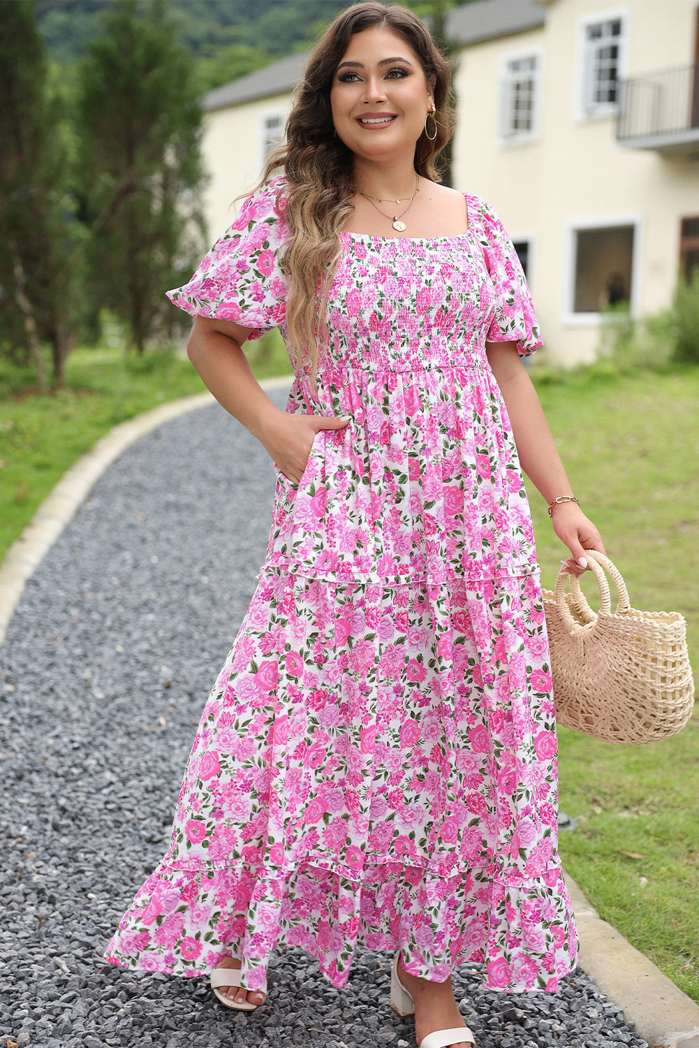 Pink Plus Size Floral Print Smocked Puff Sleeve Dress