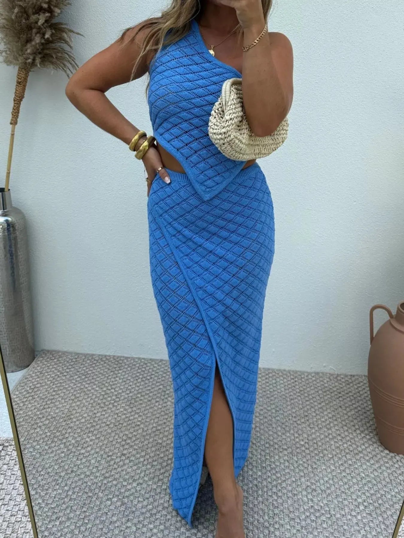 One-Shoulder Top and Skirt Knit Sweater Set Simply Love