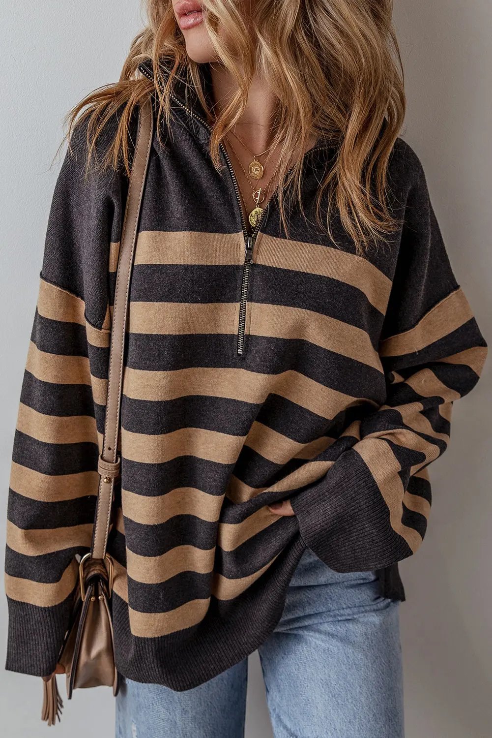 Adeline Stripe Oversized Sweater with Quarter Zipper - Love Salve 