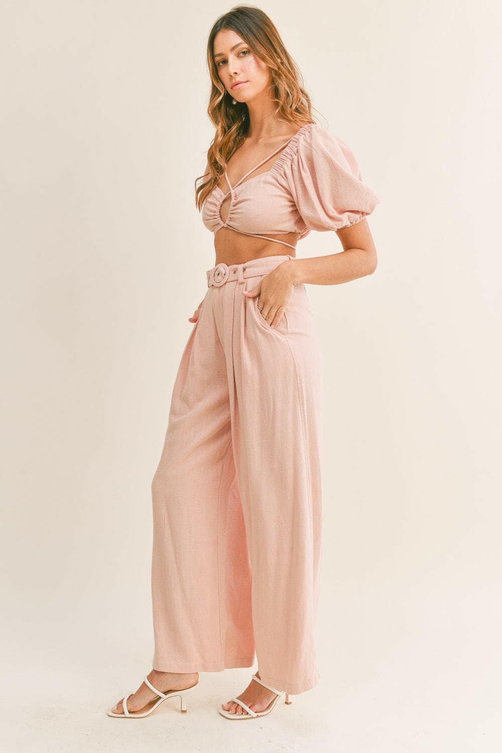 MABLE Cut Out Drawstring Crop Top and Belted Pants SetIndulge in Effortless Style
 Enhance your wardrobe with the MABLE Cut Out Drawstring Crop Top and Belted Pants Set, a charming ensemble that exudes sophistication anLove Salve Drawstring Crop Topjust arrived