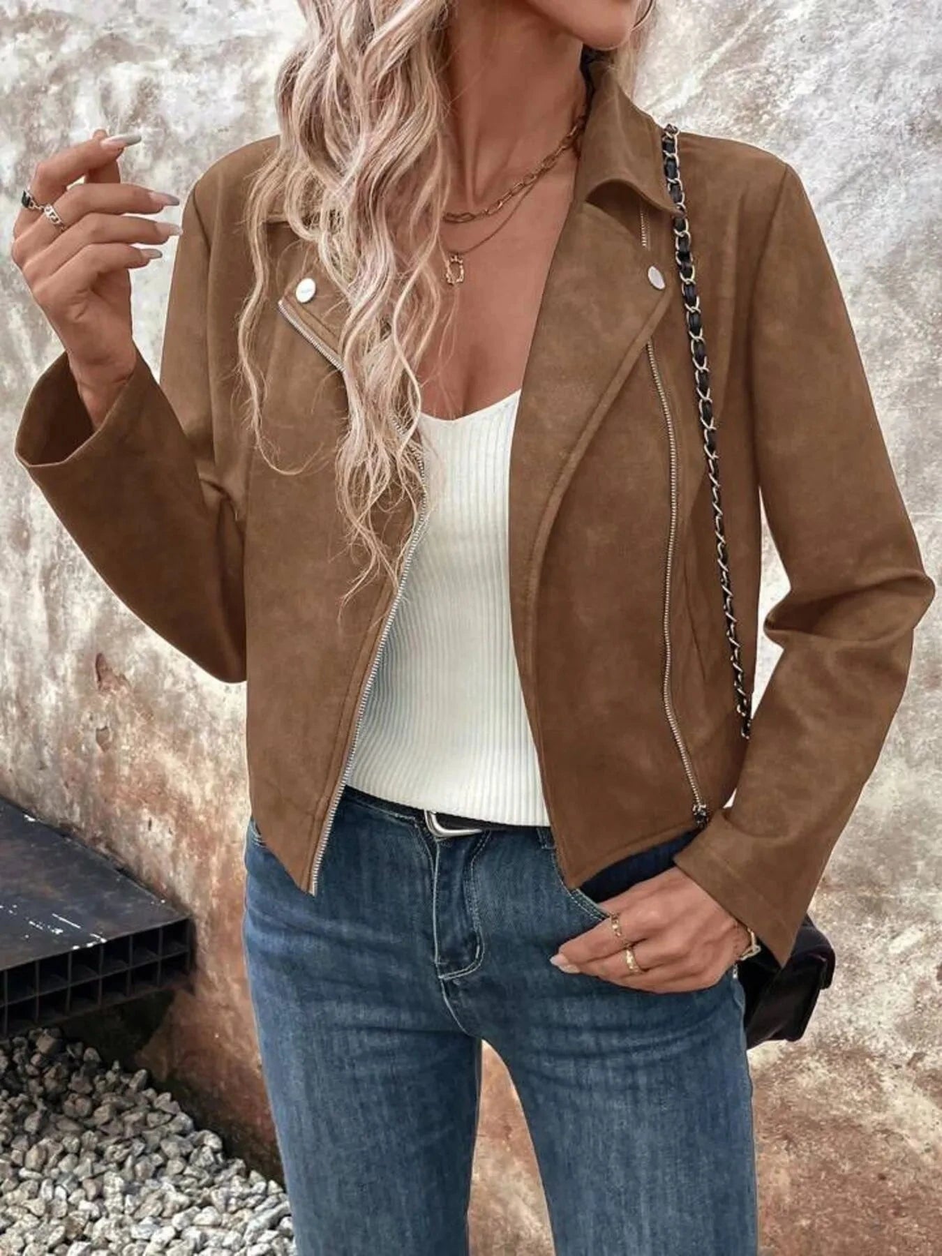 Bold & Bossy Zip-Up Suede Moto Crop Jacket Coco’s Tee Boutique