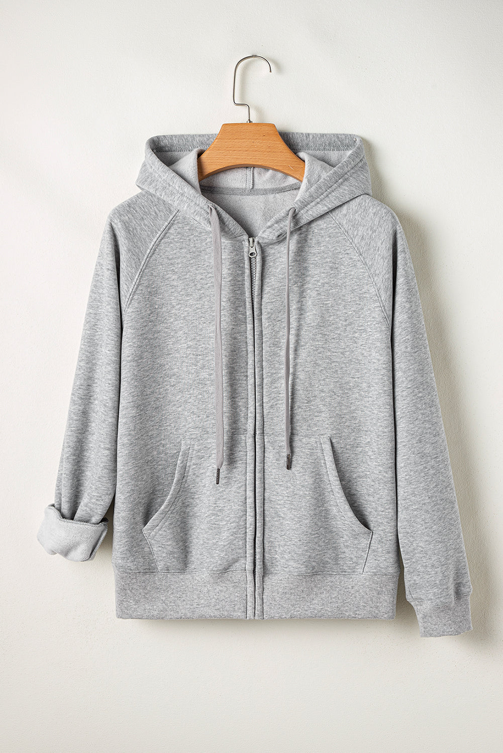 Light Grey Solid Color Fleece Lined Zip up Hoodie