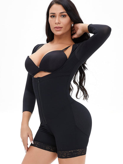 Full Size Zip Up Lace Detail Long Sleeve Shapewear.