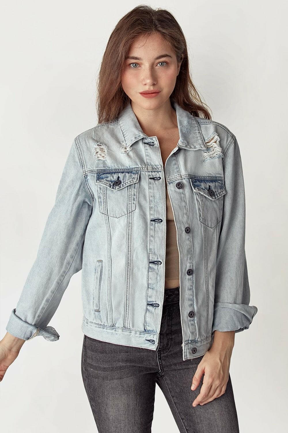 RISEN Distressed Button Up Jacket.