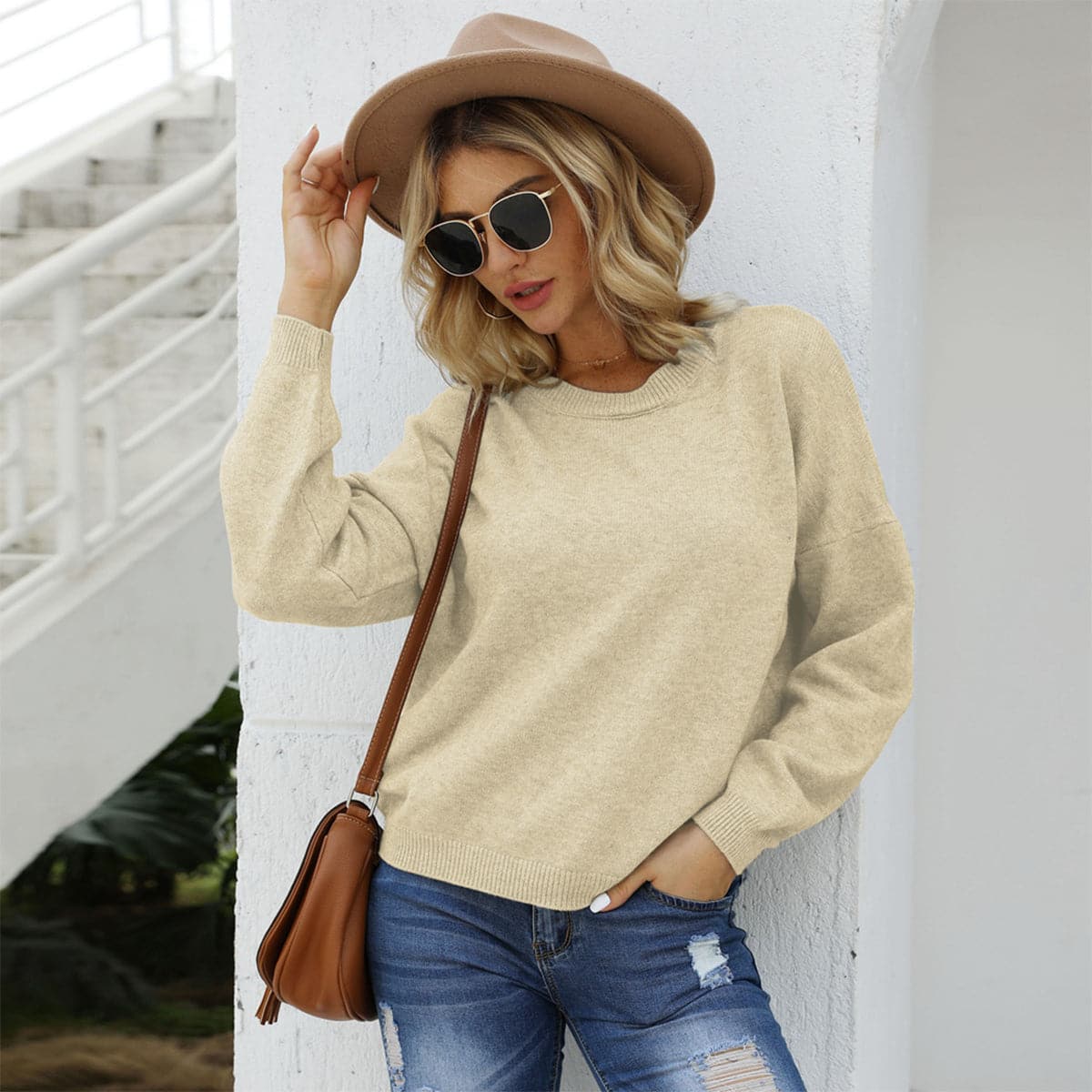 Round Neck Long Sleeve Drop Shoulder Sweater.