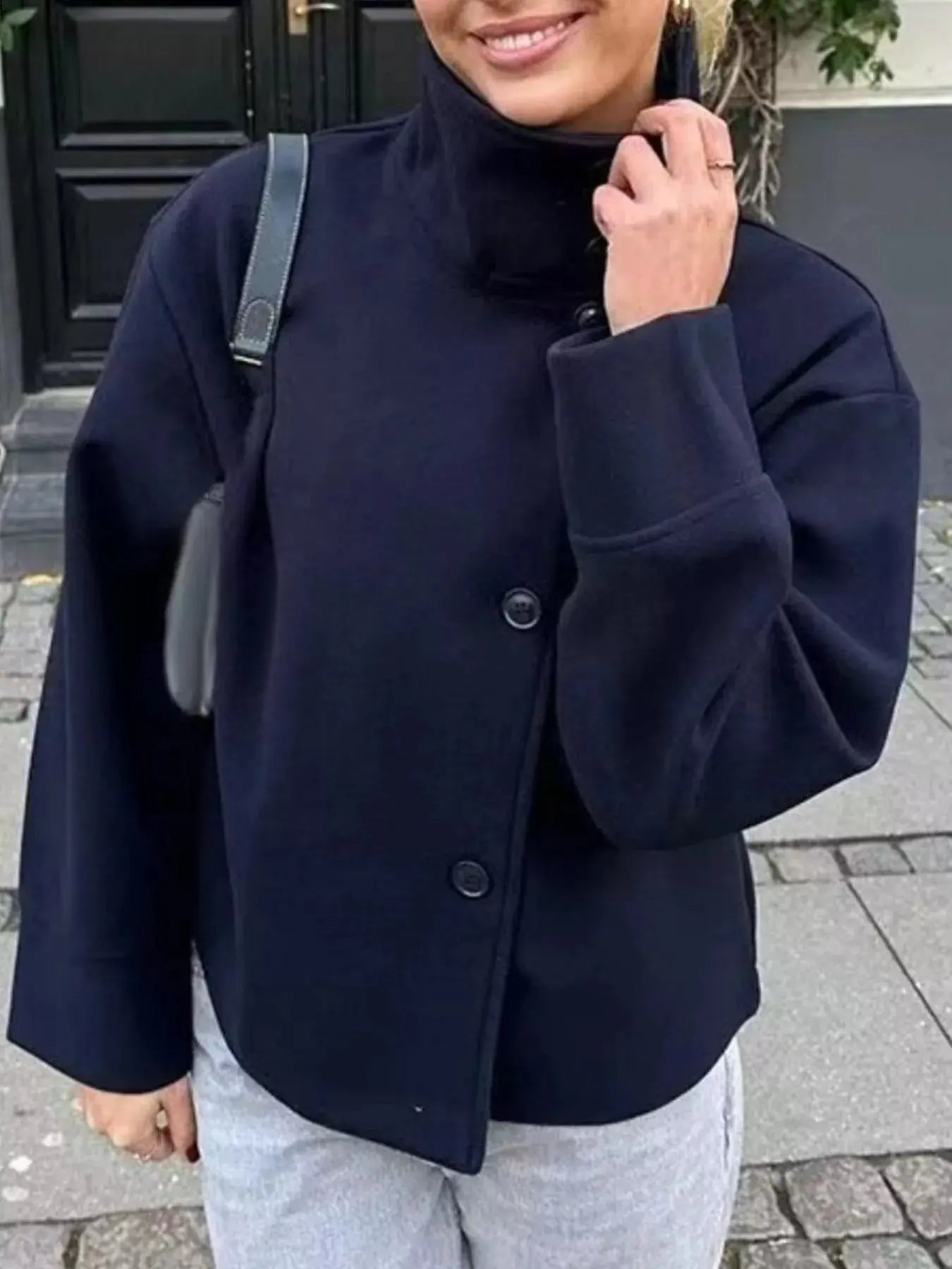 Navy Long Sleeve Buttoned Lightweight Outerwear Coat Lined Simply Love