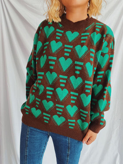 Heartfelt Contrast Long Sleeve Sweater with Dropped Shoulders