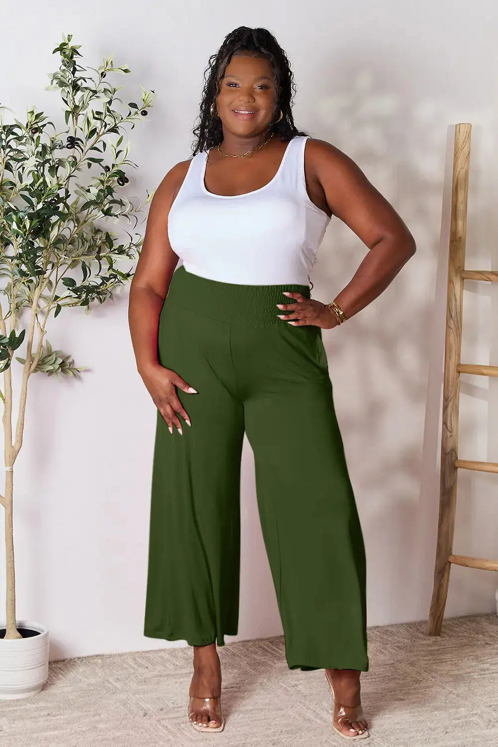 Basic Bae Full Size Smocked Wide Waistband Wide Leg Pants - Love Salve