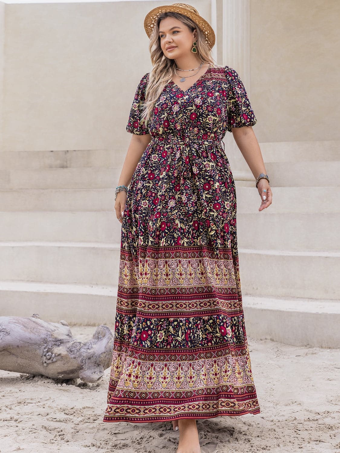 Plus Size Printed V-Neck Short Sleeve Maxi Dress.